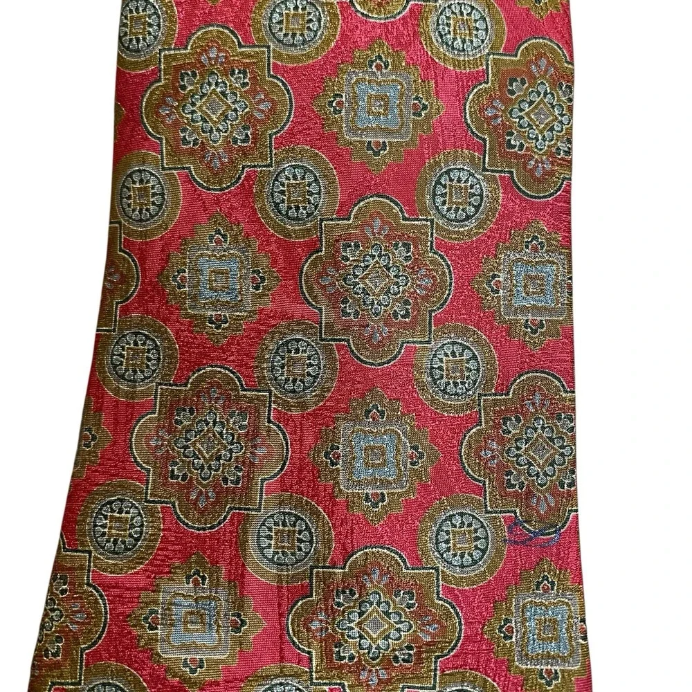 Vintage S.T. Dupont Paris Tie Red Olive Green Medallion Ornate Silk Made France